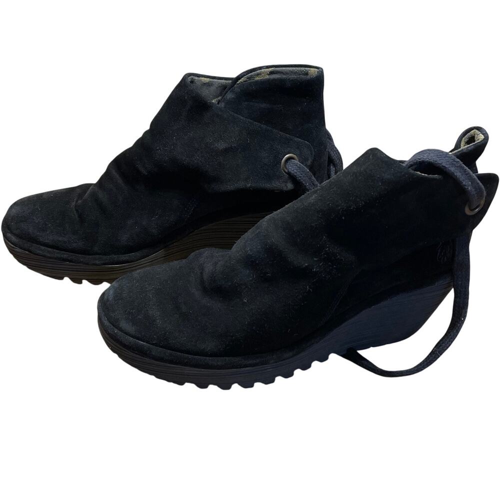 Fly London Yebi Black Suede Ankle Wedge Bootie Women's Size 39 (US 8.5) EUC